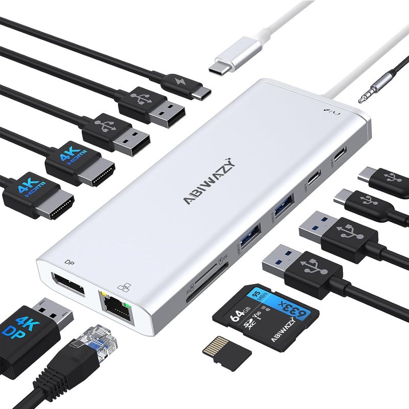 ABIWAZY USB C Hub USB-C Docking Station Dual Monitor 14 in 1 Triple Display Multiport Adapter with 2 HDMI+DP+7 USB Type C/A Ports+Ethernet+Audio, USBC Dongle for Dell/HP/Lenovo ThinkPad/Surface(Sliver) - Image 1